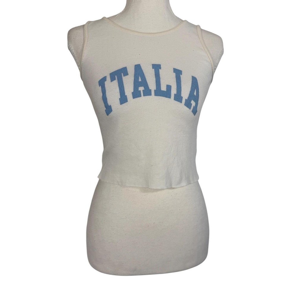 Italia Ribbed Crop Tank Top Womens One Size Cream Blue Graphic Made in Italy Y2K